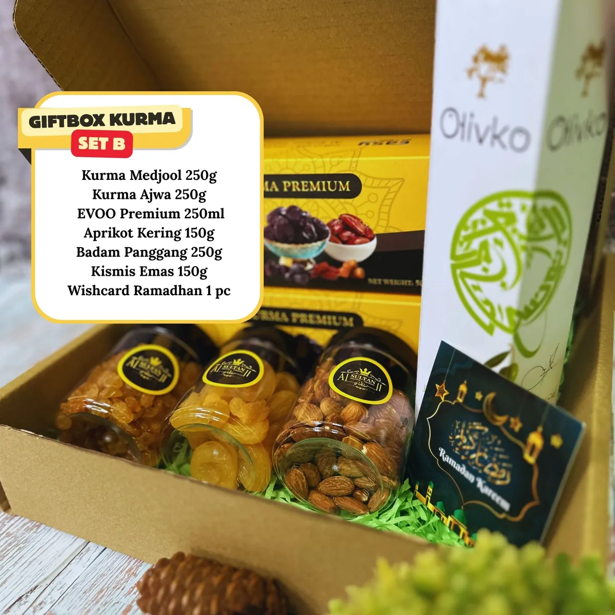 Isi Giftbox Sunnah Set B: kurma Ajwa, Medjool, madu dan minyak zaitun