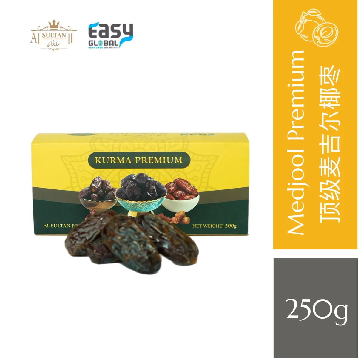Kurma Medjool premium di hadapan giftbox Kurma Premium