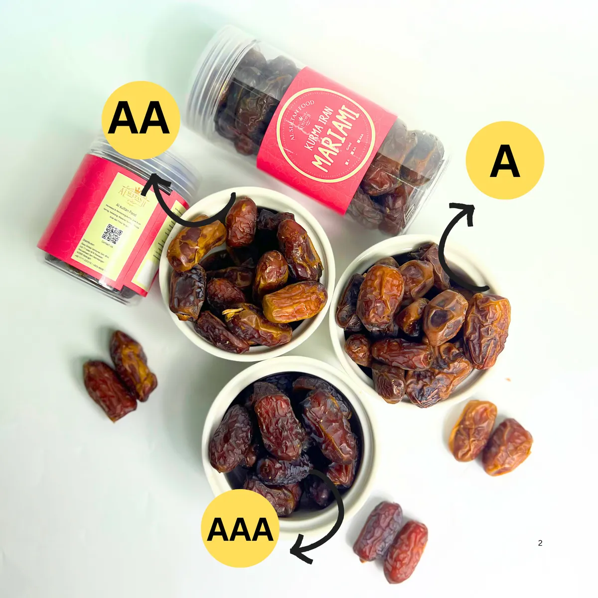 Perbandingan kurma Mariami gred AAA, AA dan A dalam mangkuk
