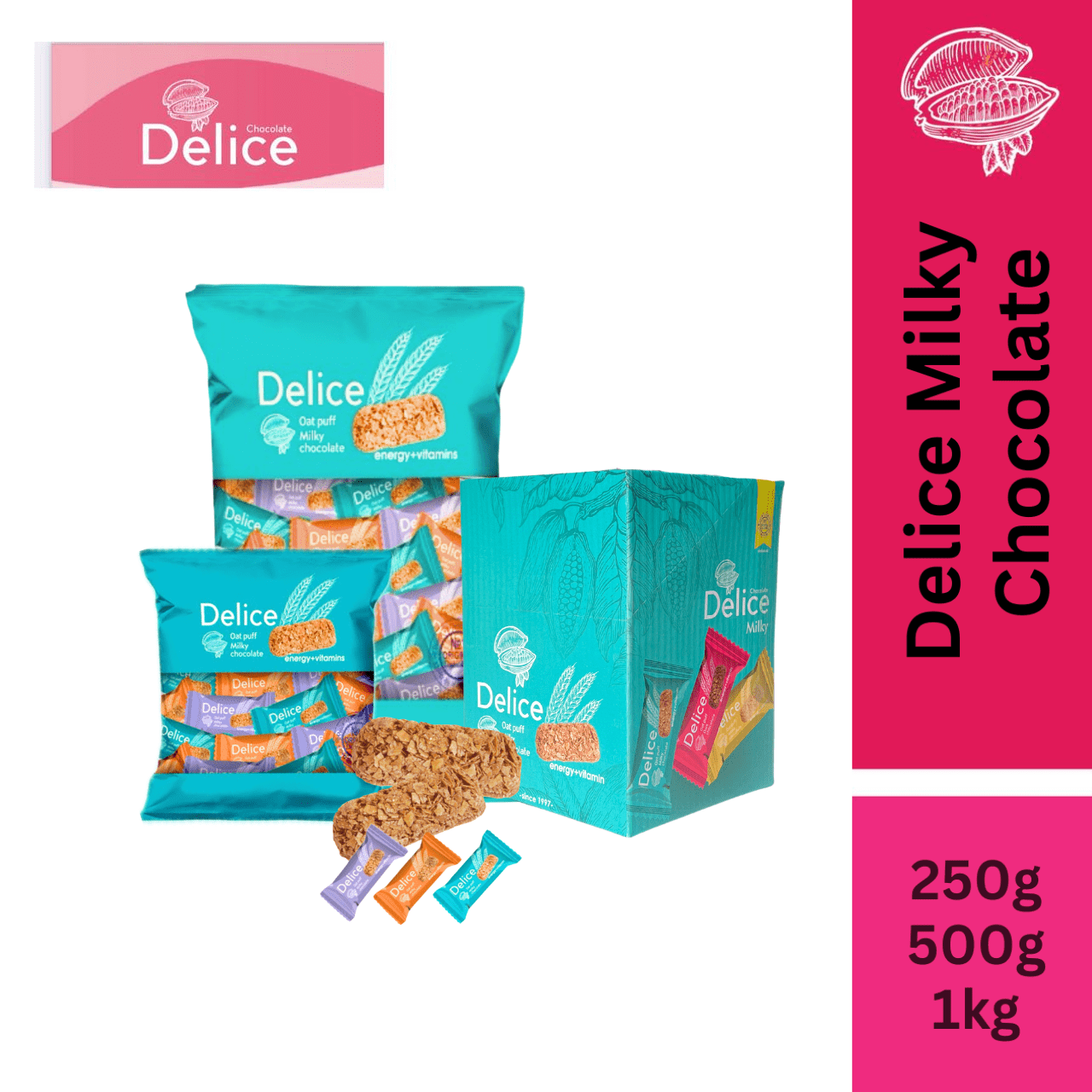 Delice Coklat Susu | Delice Milky Chocolate  Snek Sihat Viral, Halal, Premium, Uzbek origin 250g, 500g, 1kg