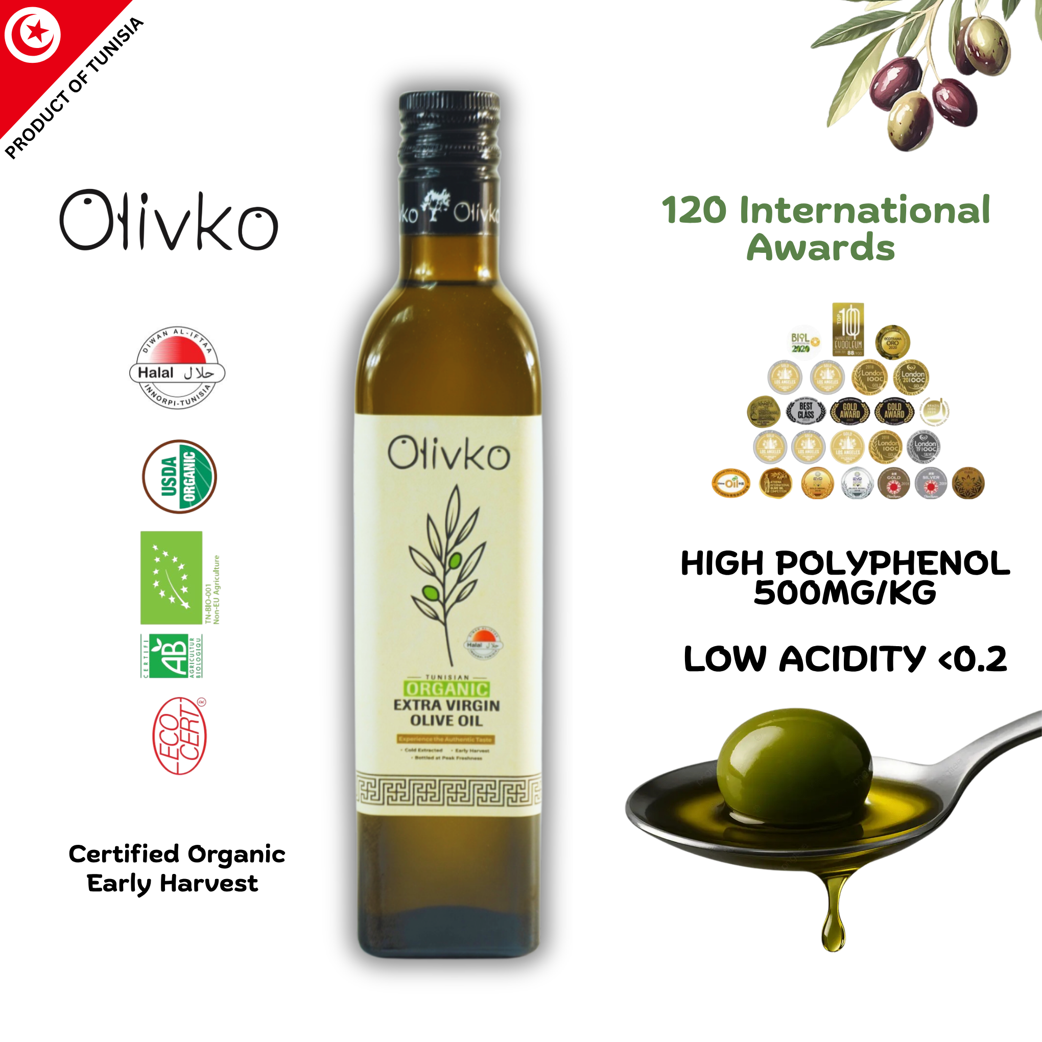 Olivko Organic Pure Extra Virgin Olive Oil 500ML